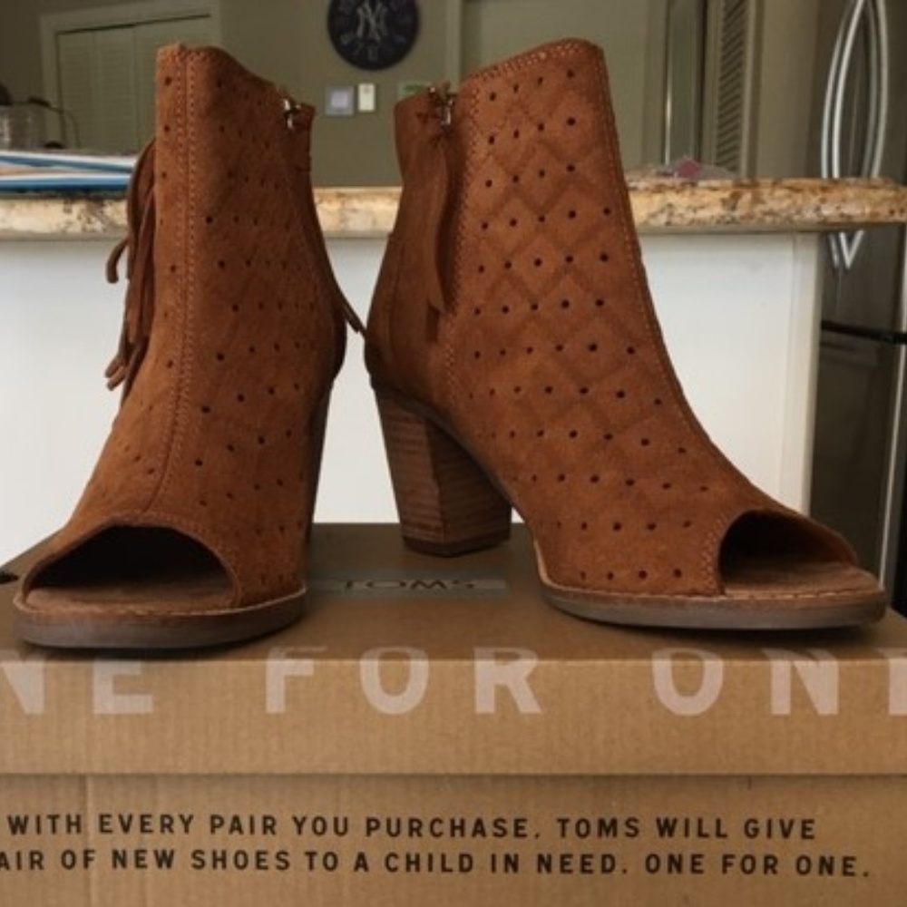 Tom's Cinnamon Suede Majorca Peep Toe Booties